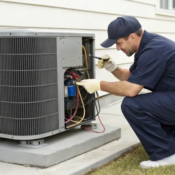 AC repair technician servicing an outdoor AC unit.