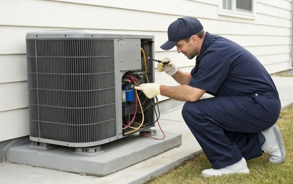 AC repair technician servicing an outdoor AC unit.