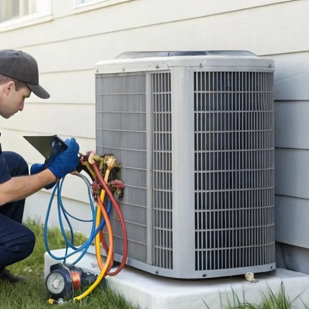 Technician inspecting an outdoor unit during a routine air conditioning service.