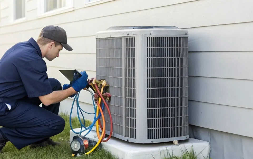 Technician inspecting an outdoor unit during a routine air conditioning service.