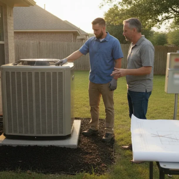 HVAC technician reviewing an AC replacement with a DFW homeowner