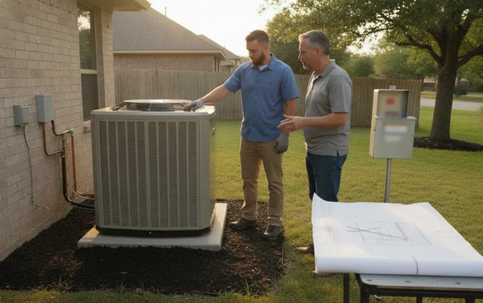 HVAC technician reviewing an AC replacement with a DFW homeowner
