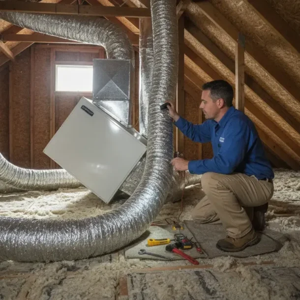 HVAC technician inspecting accessible ductwork in a Dallas-Fort Worth attic