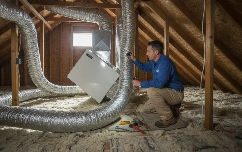 HVAC technician inspecting accessible ductwork in a Dallas-Fort Worth attic