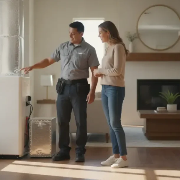 DFW homeowner reviewing a high-efficiency heat pump installation with an HVAC technician