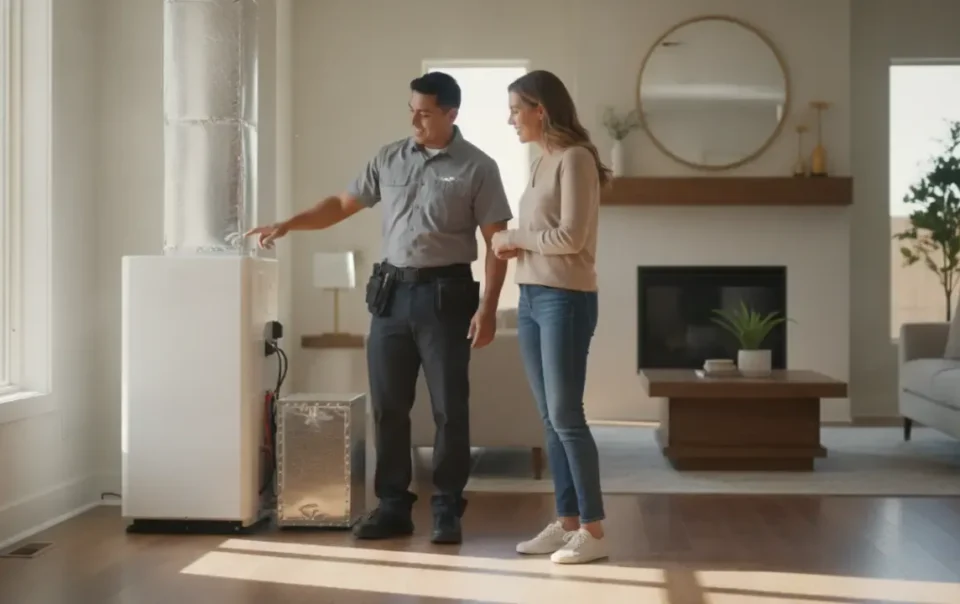 DFW homeowner reviewing a high-efficiency heat pump installation with an HVAC technician