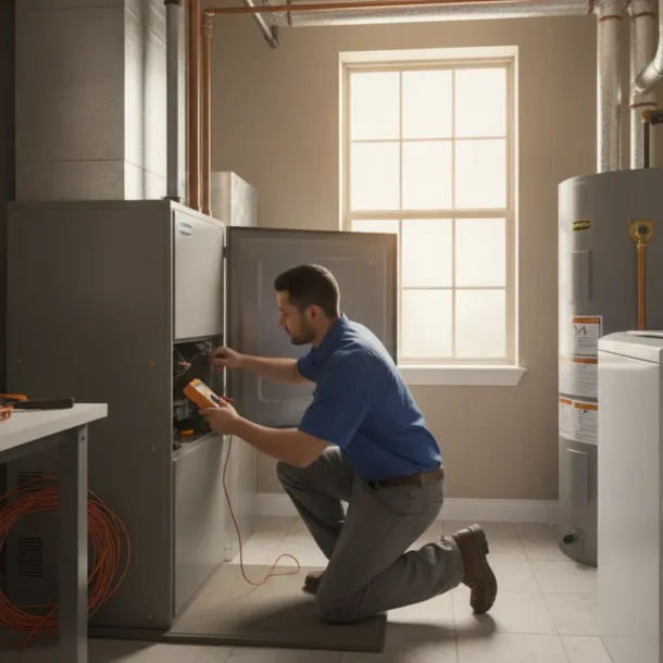 HVAC technician inspecting a Carrier furnace in a Texas utility room