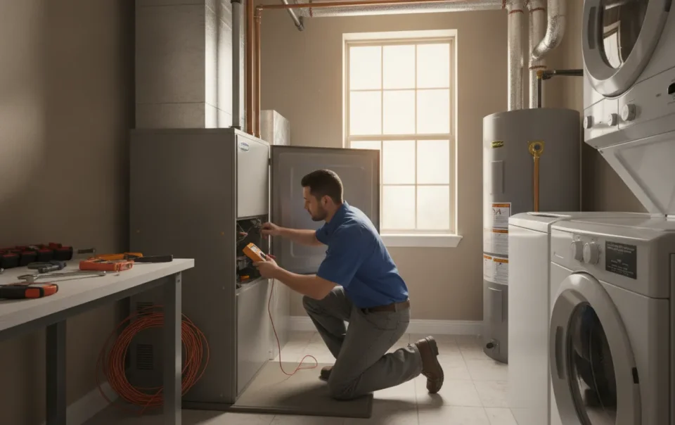 HVAC technician inspecting a Carrier furnace in a Texas utility room
