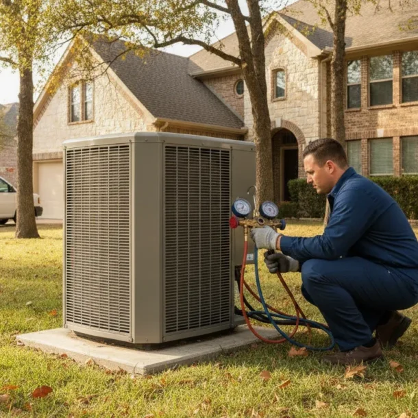 HVAC technician inspecting a heat pump at a Dallas-Fort Worth home