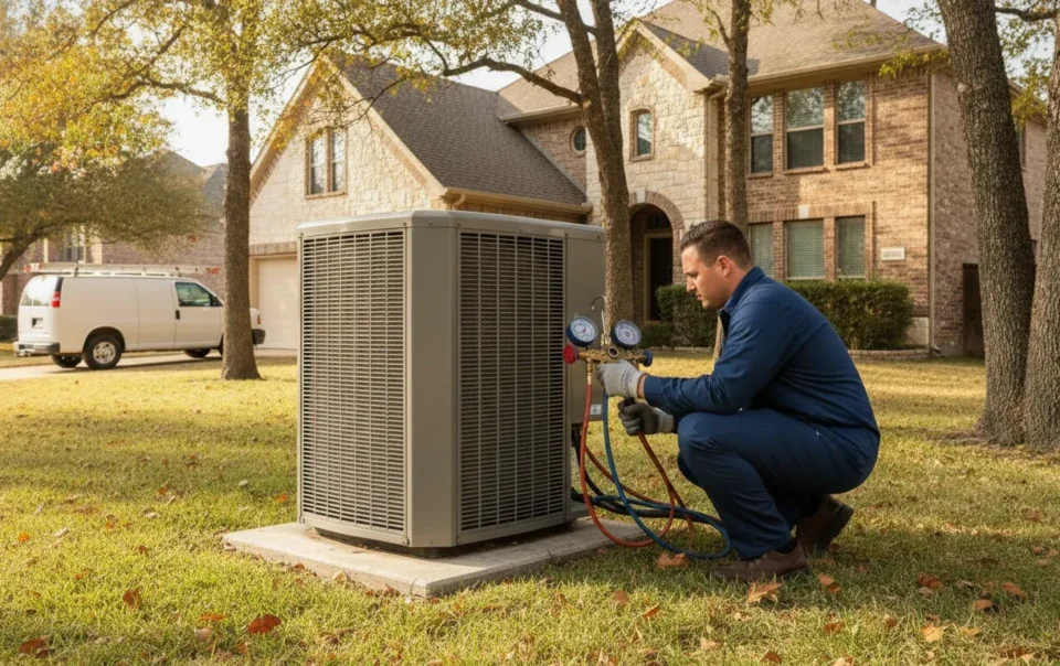 HVAC technician inspecting a heat pump at a Dallas-Fort Worth home