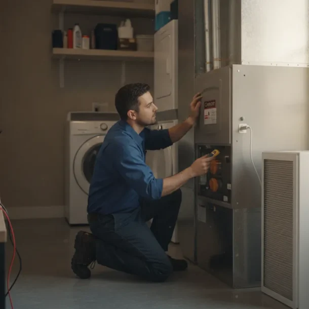 HVAC technician inspecting a Carrier furnace in a DFW home