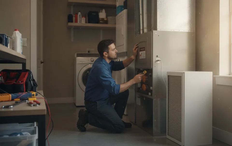 HVAC technician inspecting a Carrier furnace in a DFW home