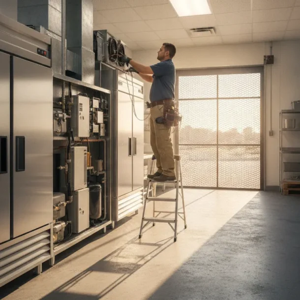 HVAC-R technician inspecting a commercial walk-in cooler at a Dallas-Fort Worth business