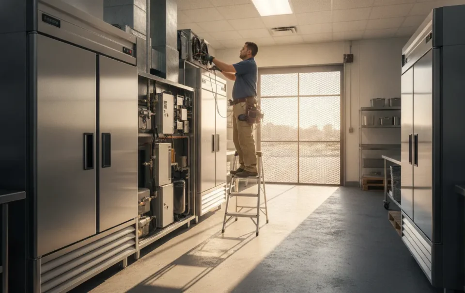 HVAC-R technician inspecting a commercial walk-in cooler at a Dallas-Fort Worth business