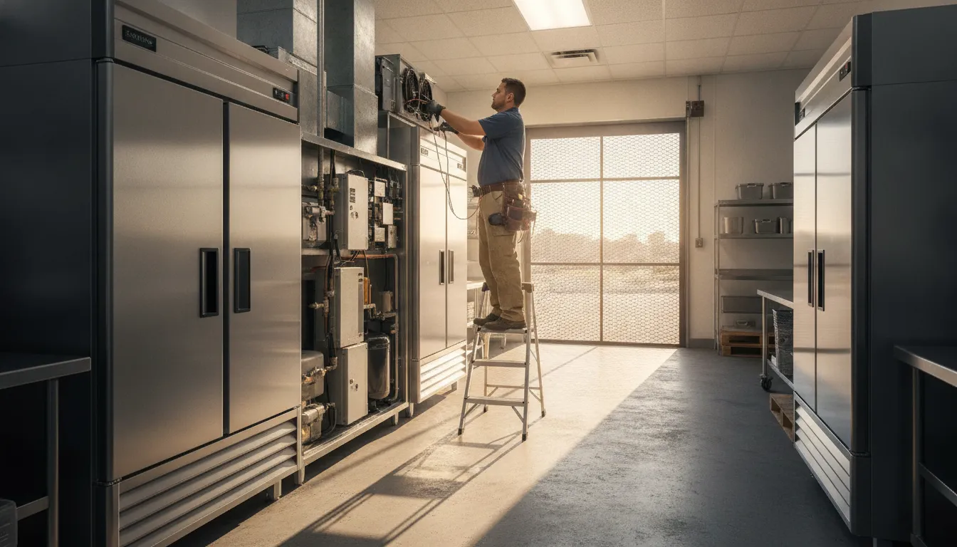 Technician inspecting commercial refrigeration equipment during a service visit