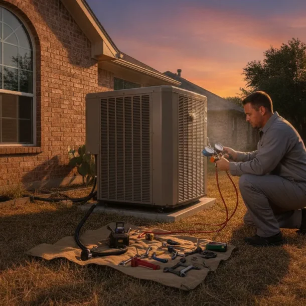 HVAC technician inspecting a Carrier air conditioner at a DFW home
