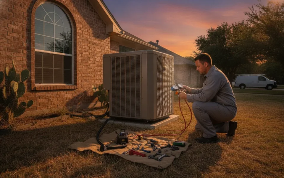 HVAC technician inspecting a Carrier air conditioner at a DFW home