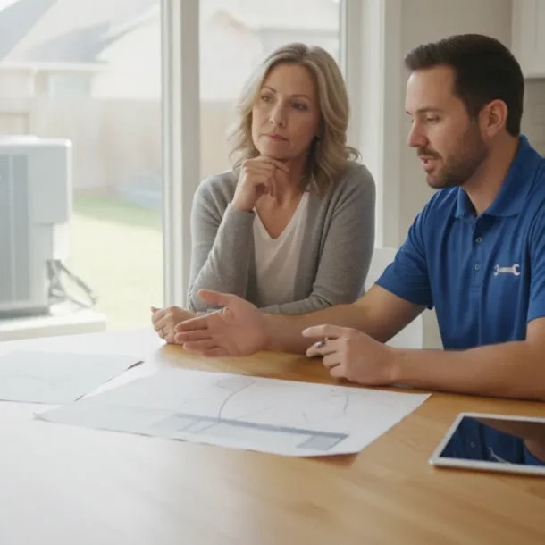DFW homeowner reviewing an HVAC replacement plan with a technician
