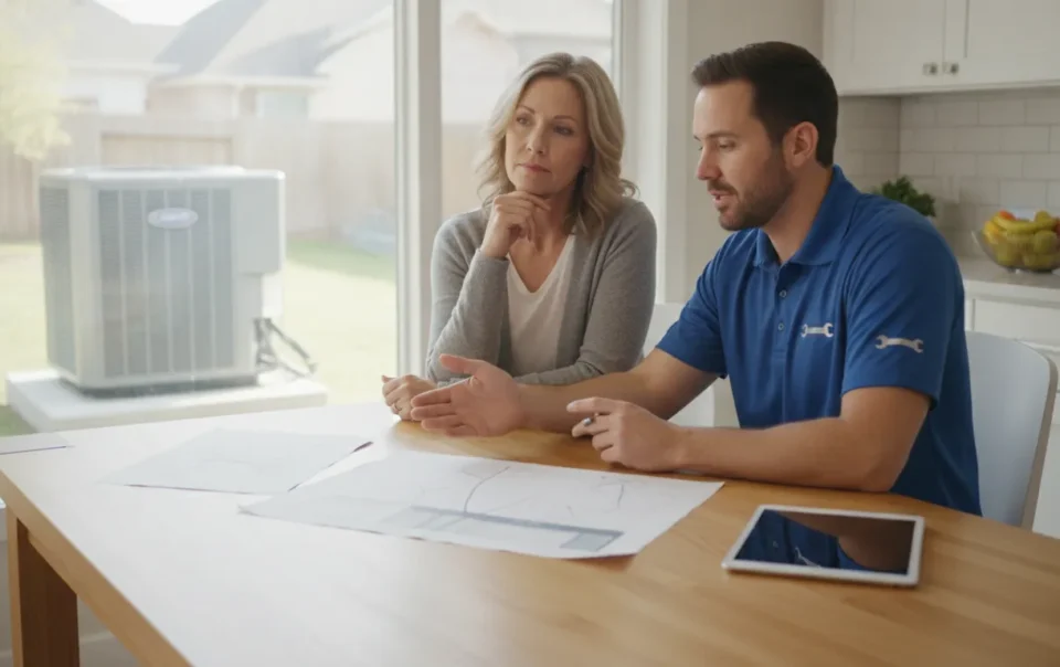 DFW homeowner reviewing an HVAC replacement plan with a technician