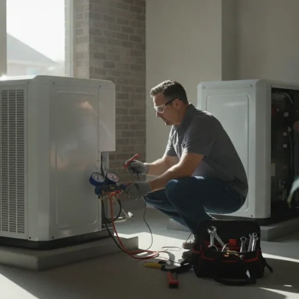 Technician inspecting HVAC equipment in a DFW home