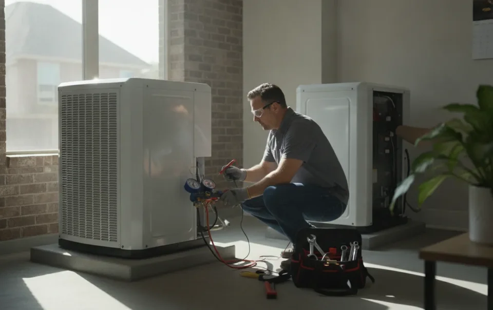 Technician inspecting HVAC equipment in a DFW home