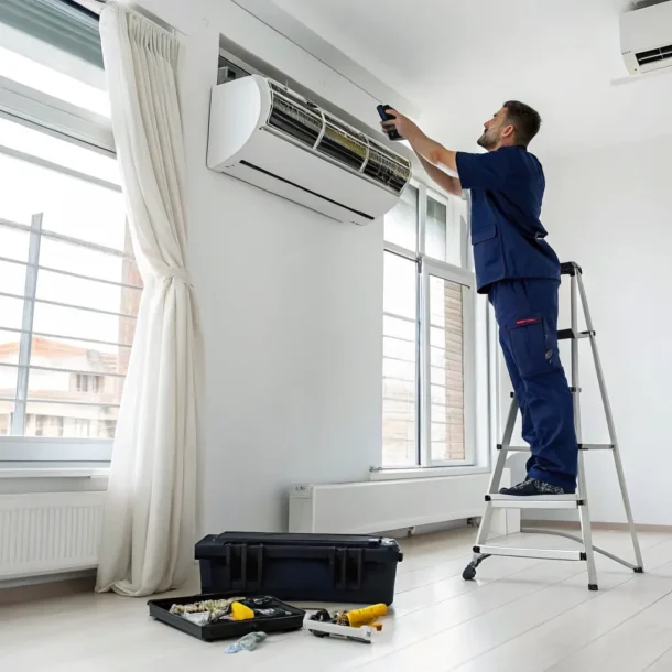 AC repair technician on a ladder making a repair to an air conditioner.