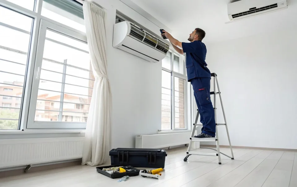 AC repair technician on a ladder making a repair to an air conditioner.