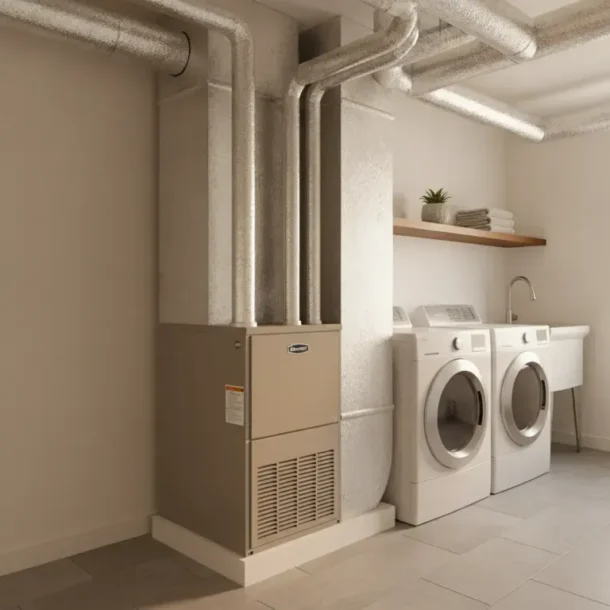 New high-efficiency furnace and ductwork in a clean Dallas-Fort Worth home utility room