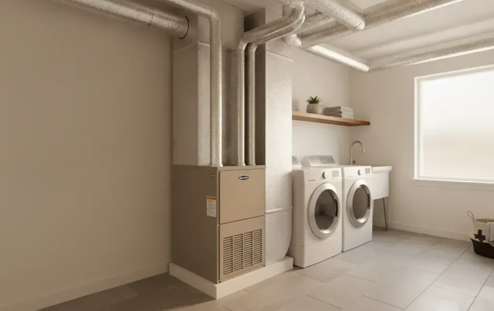New high-efficiency furnace and ductwork in a clean Dallas-Fort Worth home utility room