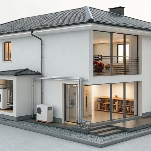 Outdoor components of a residential HVAC system on a modern home.
