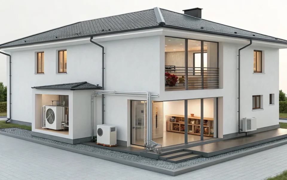 Outdoor components of a residential HVAC system on a modern home.