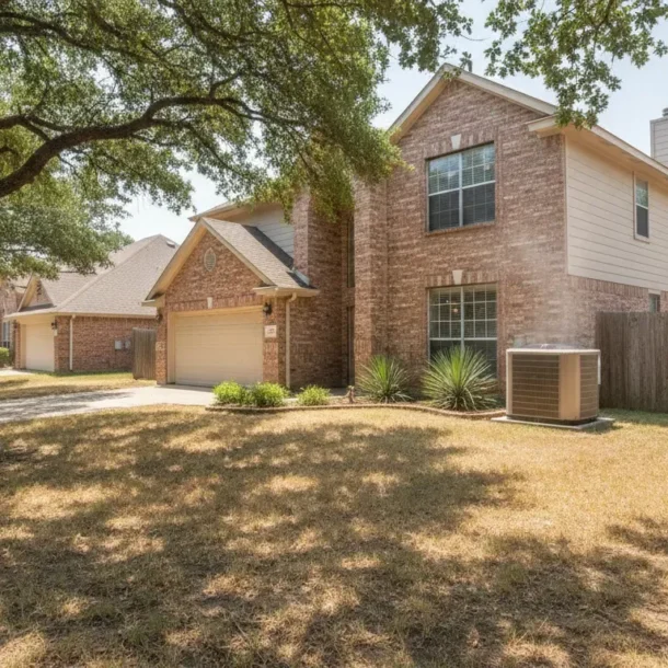Dallas-Fort Worth home with an outdoor AC condenser running during a hot summer day