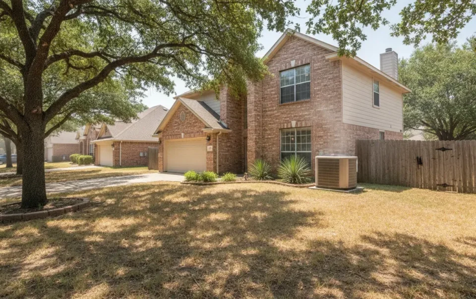 Dallas-Fort Worth home with an outdoor AC condenser running during a hot summer day