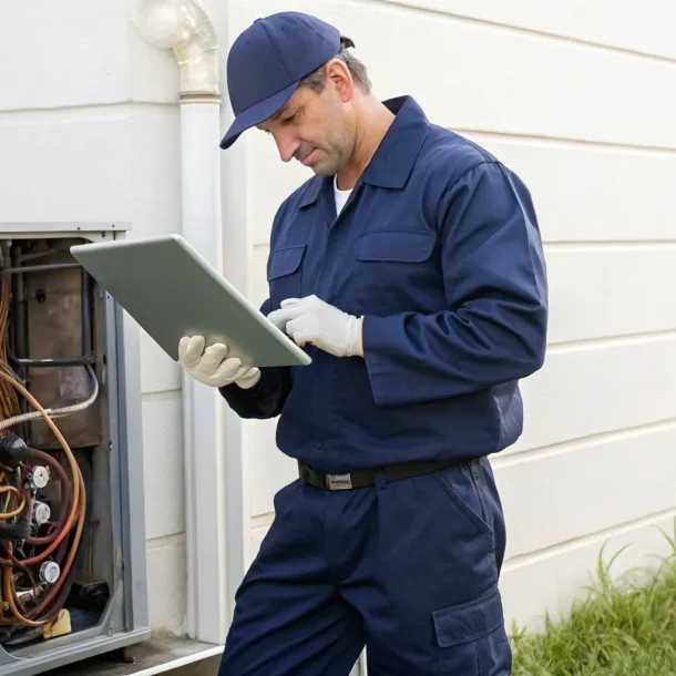 Technician performing HVAC maintenance on an outdoor unit to lower energy bills.