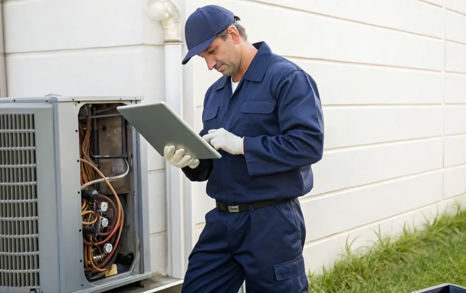 Technician performing HVAC maintenance on an outdoor unit to lower energy bills.