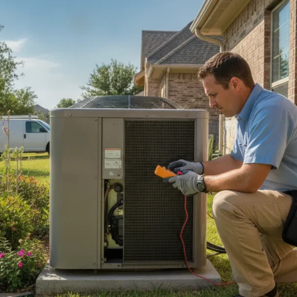 HVAC technician inspecting an outdoor central air conditioner at a North Texas home