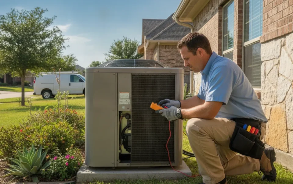 HVAC technician inspecting an outdoor central air conditioner at a North Texas home