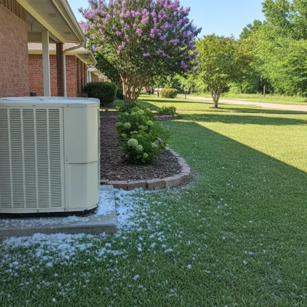 Carrier condenser beside a brick North Texas home on a bright spring afternoon