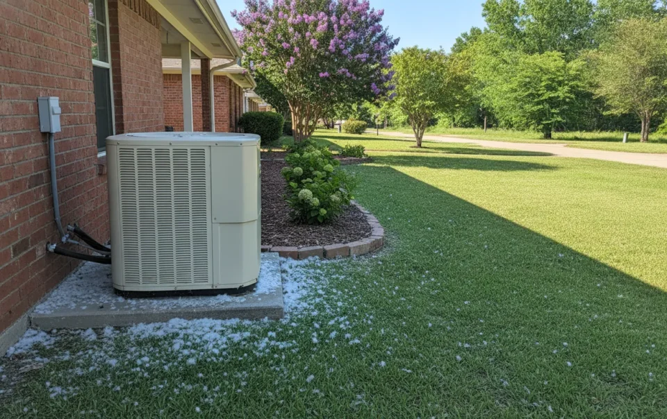 Carrier condenser beside a brick North Texas home on a bright spring afternoon