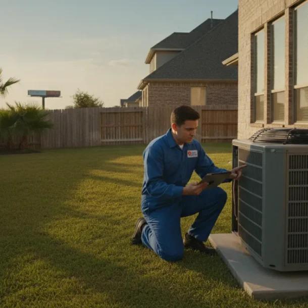HVAC technician inspecting a central air conditioner in a DFW home