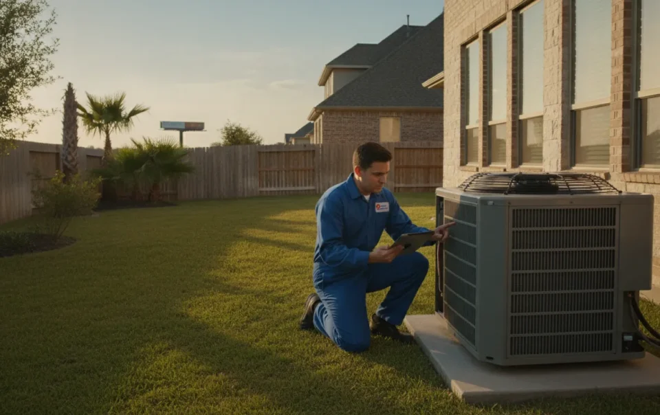 HVAC technician inspecting a central air conditioner in a DFW home
