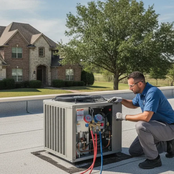 HVAC technician inspecting a rooftop commercial unit beside a North Texas home