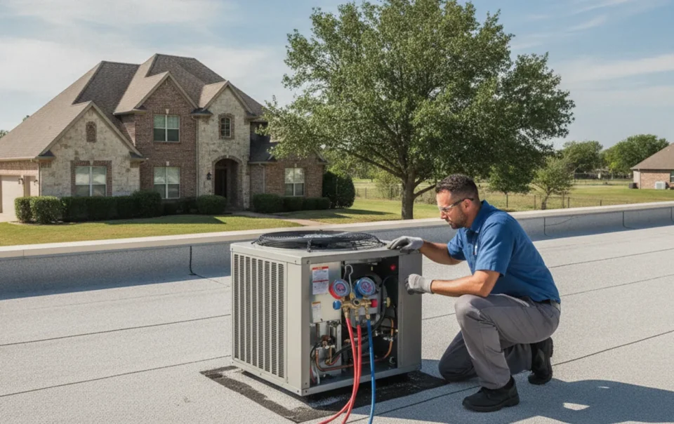 HVAC technician inspecting a rooftop commercial unit beside a North Texas home