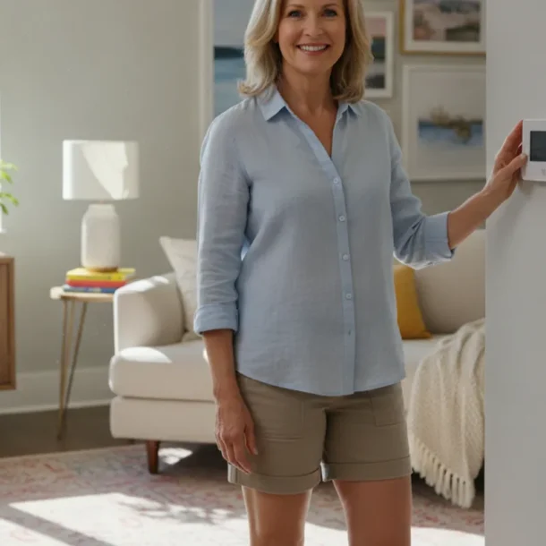 Homeowner checking a central air conditioning thermostat in a bright Dallas-area home