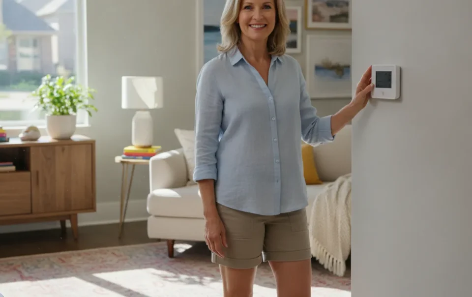 Homeowner checking a central air conditioning thermostat in a bright Dallas-area home