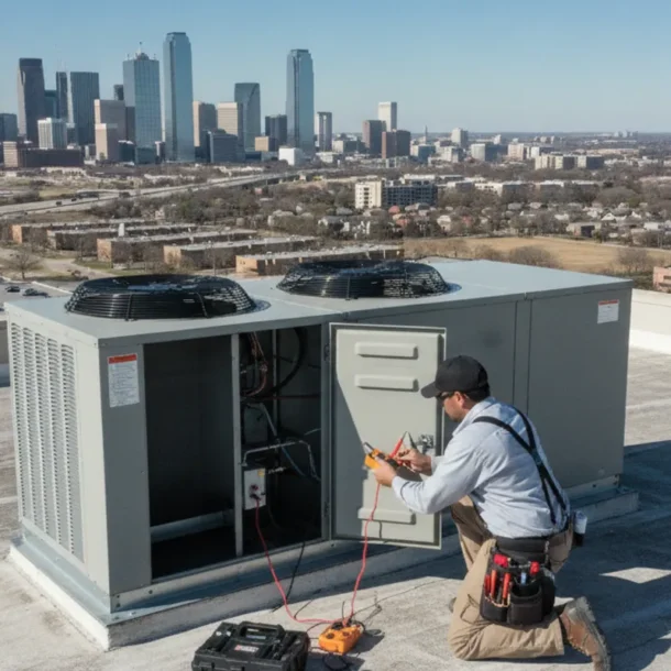 HVAC technician reviewing commercial rooftop equipment at a Dallas-Fort Worth business