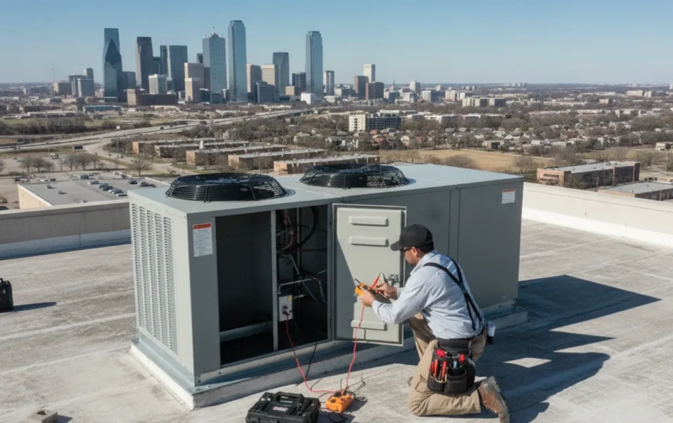 HVAC technician reviewing commercial rooftop equipment at a Dallas-Fort Worth business