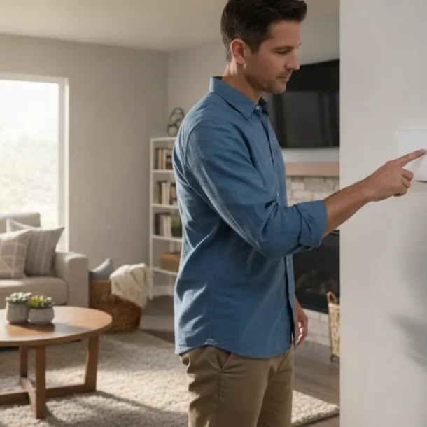Homeowner adjusting a thermostat in a bright, comfortable Dallas-area living room