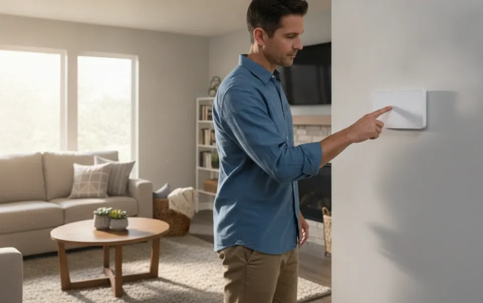 Homeowner adjusting a thermostat in a bright, comfortable Dallas-area living room