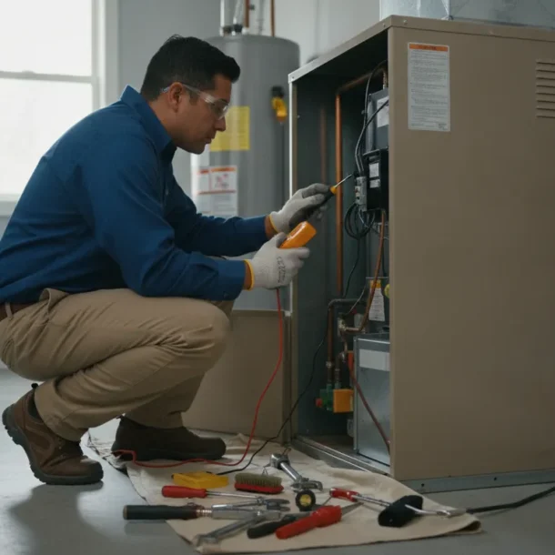 HVAC technician inspecting an indoor air handler during a DFW repair visit
